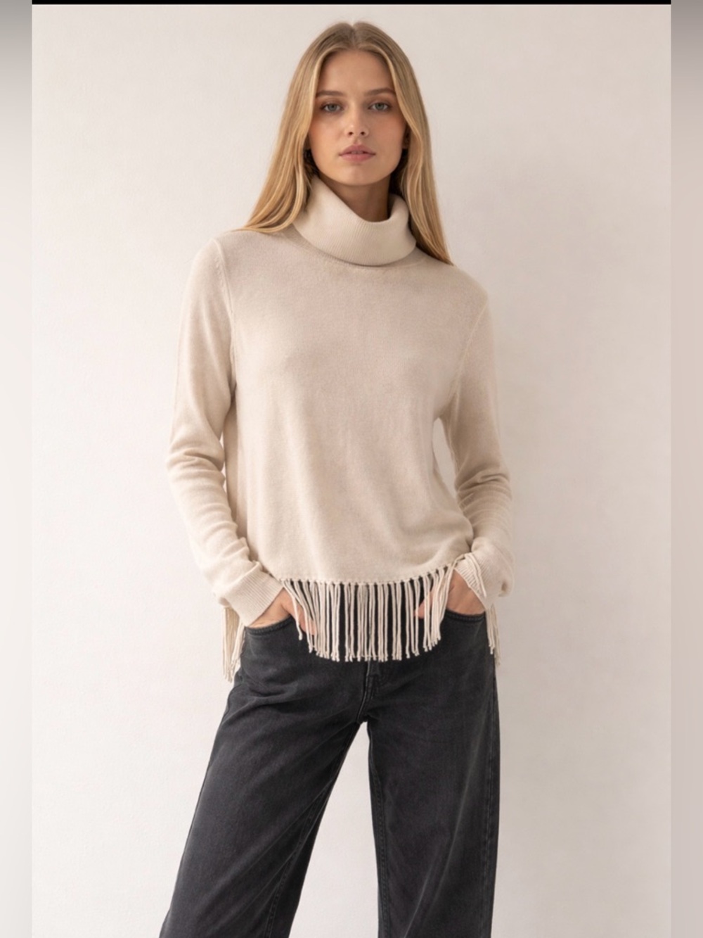 Aqua 100% Cashmere Fringed Turtleneck Sweater Ivory Small